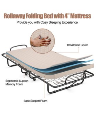 Rollaway Guest Bed with Sturdy Steel Frame and Memory Foam Mattress