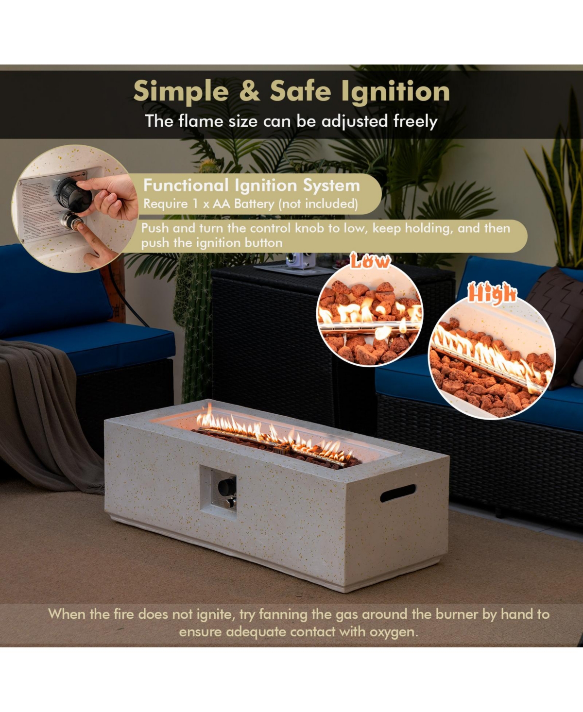 Gouun 50 000 Btu Rectangle Terrazzo Fire Pit Table with Pvc Cover