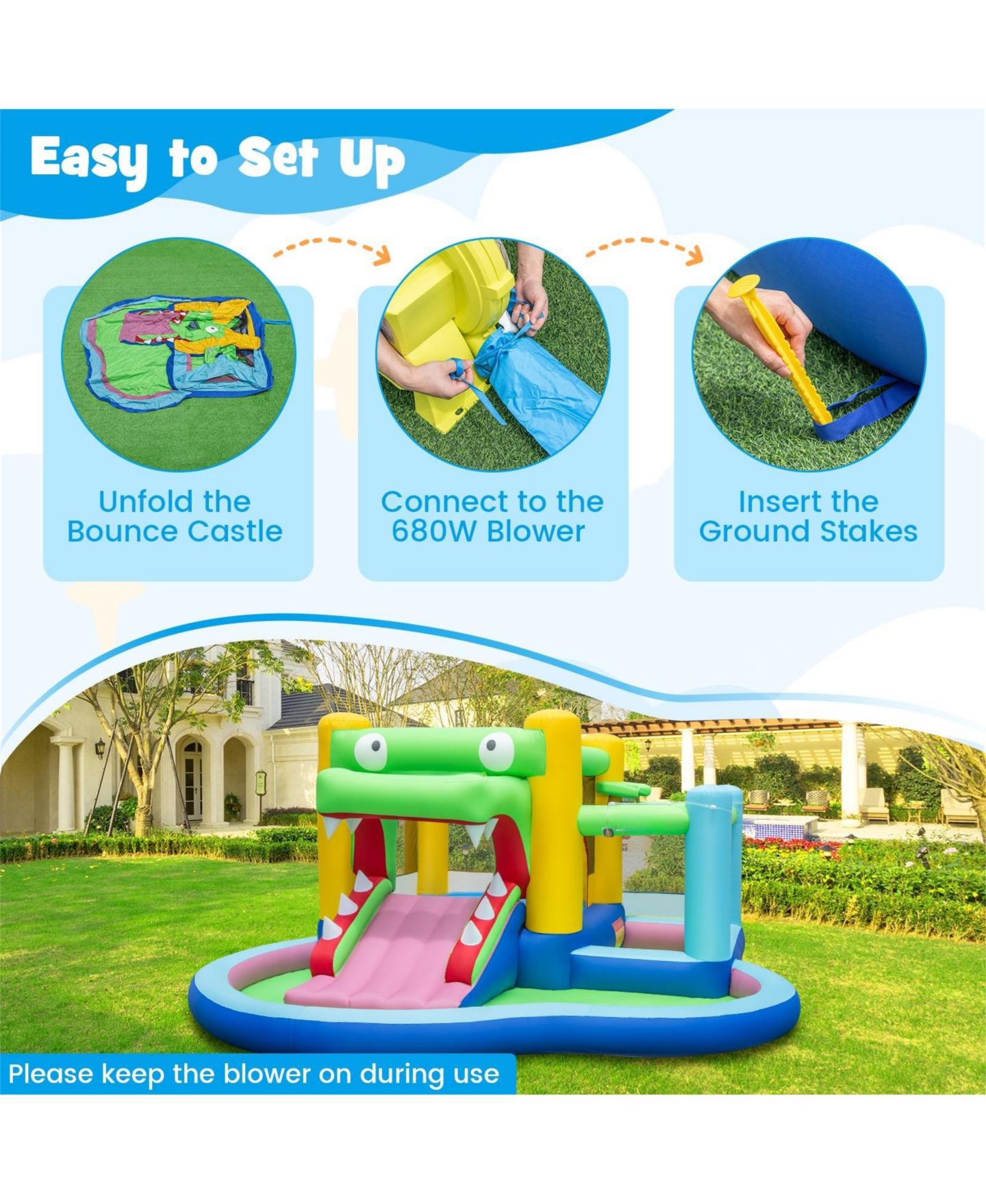 Детская игрушка GOUUN Crocodile-Themed 5-in-1 Inflatable Bounce House with Slide & Splash Pool, 12.8'L x 13'W, Ages 3+, цвет: Зелёный — фото 9