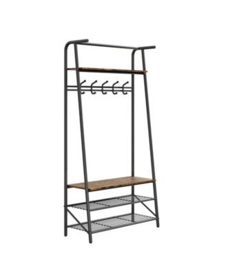 Coat Rack Shoe Bench, 4-in-1 Hall Trees Entryway Bench with Coat Rack and Shoe Rack, Wood Look Accent Furniture with Steel Frame Storage Shelf and Hanging Bar, Industrial