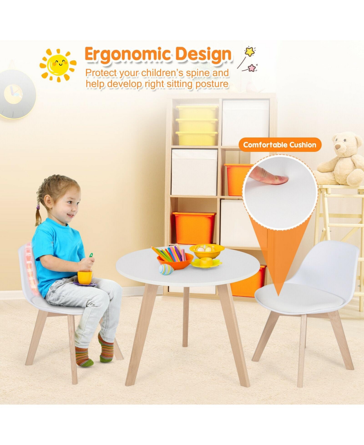 Gouun Modern Kids Activity Play Table and 2 Chairs Set with Beech Leg Cushion
