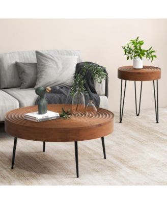 Set of 2 Solid Wood Ring Pattern Farmhouse Round Tables