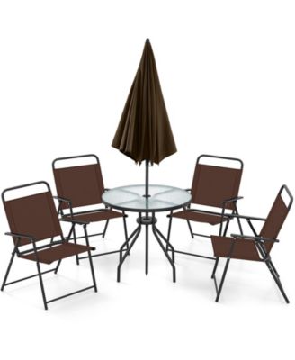6 Pieces Patio Dining Set Folding Chairs Glass Table Tilt Umbrella for Garden