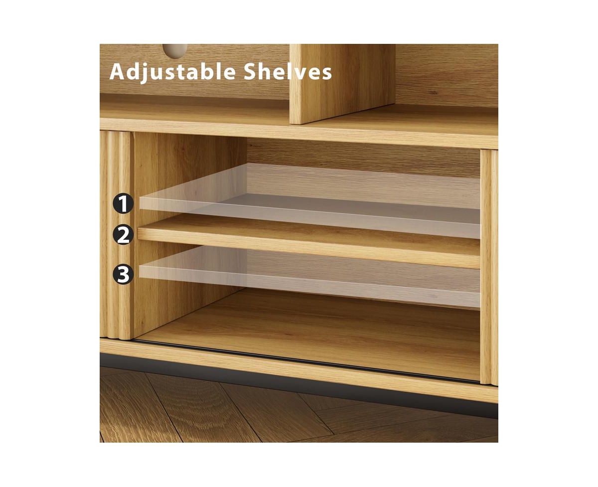 gaomon Fluted Tv Stand for 70 Inch, Boho Entertainment Center with Storage and Sliding Doors, Wooden Tv Cabinet with Adjustable Shelves, Under Tv Stan