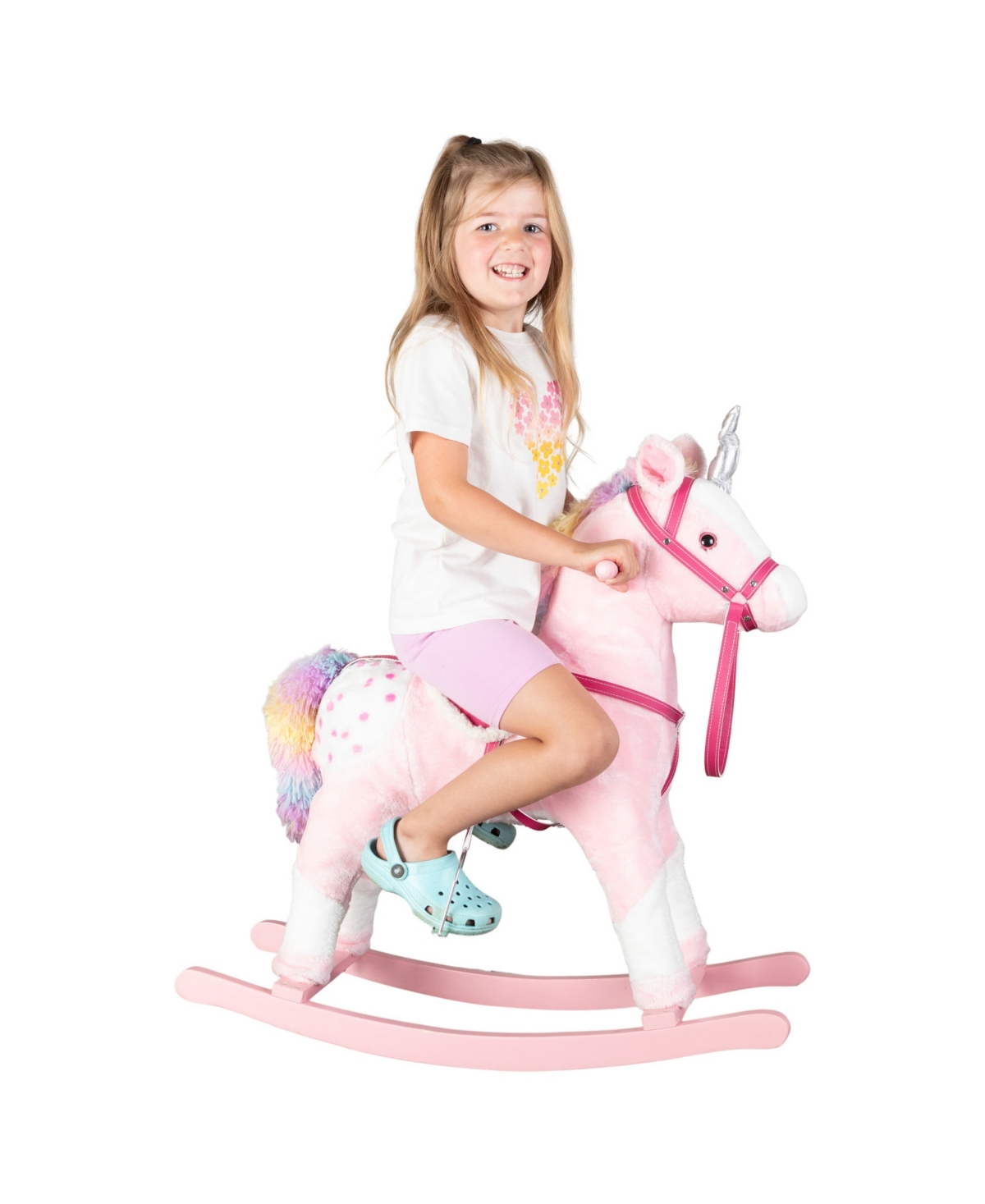 Trademark Global Happy Trails Ride On Rocking Unicorn With Sound In Pink