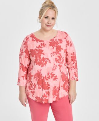 JM Collection - Plus Size Shadow Scoop-Neck 3/4-Sleeve Top