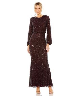 Women's High Neck Long Sleeve Beaded Blouson Gown
