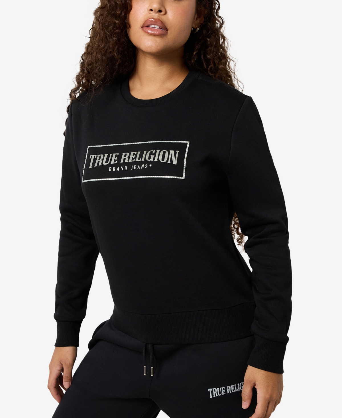 Shop True Religion Women's Crystal Logo Classic Crew Neck Sweatshirt In Jet Black