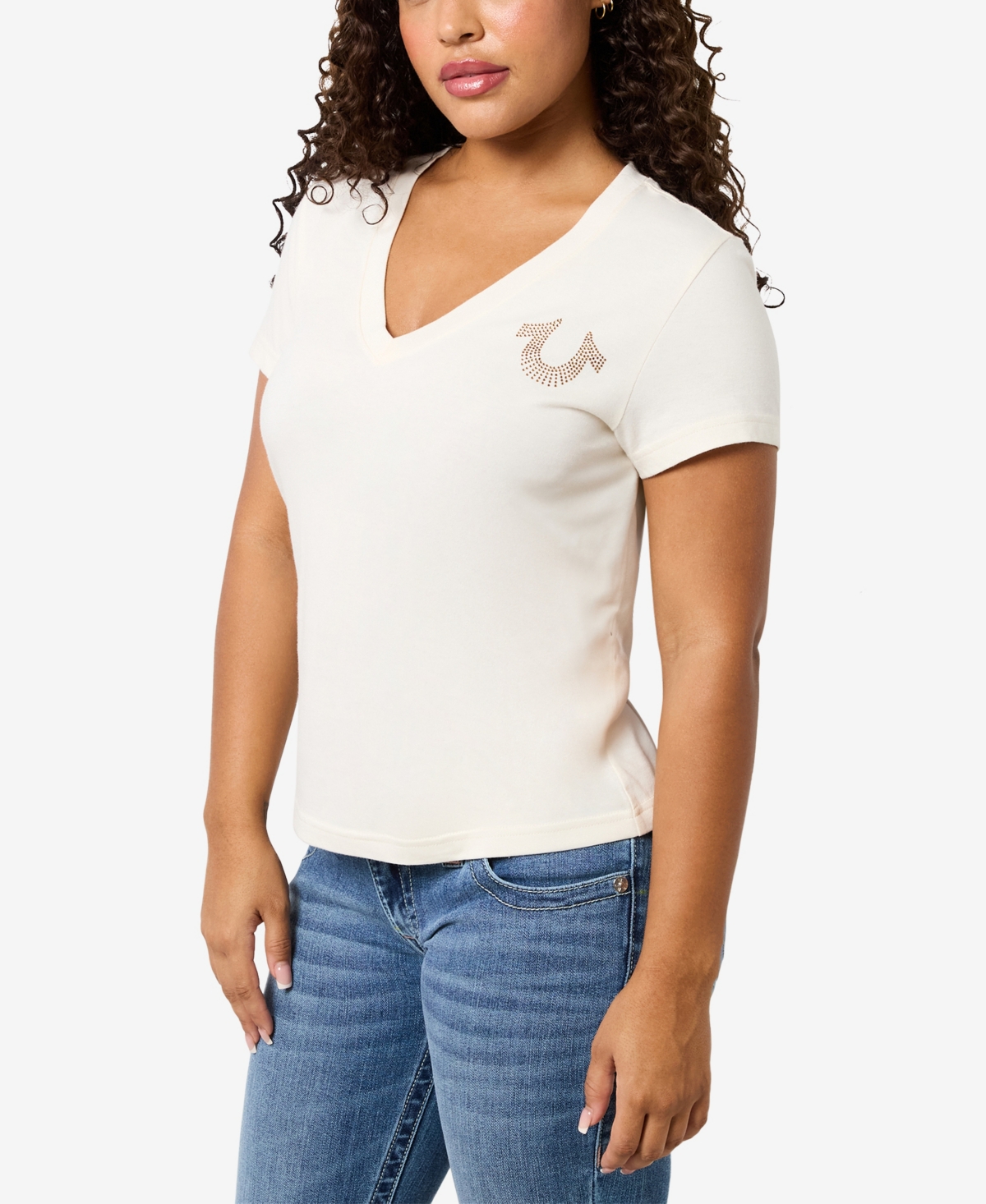 Shop True Religion Women's Crystal Horseshoe V Neck T-shirt In Winter White