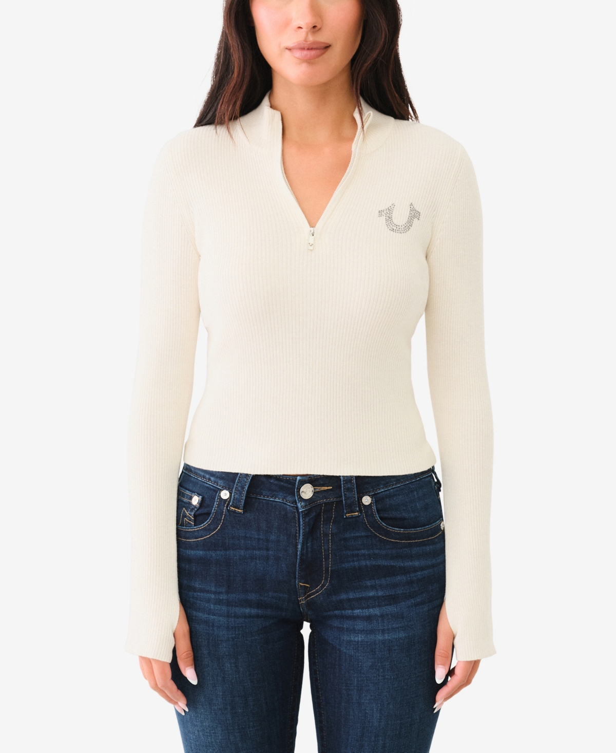 Shop True Religion Women's Crystal Zip Mock Neck Top In Winter White