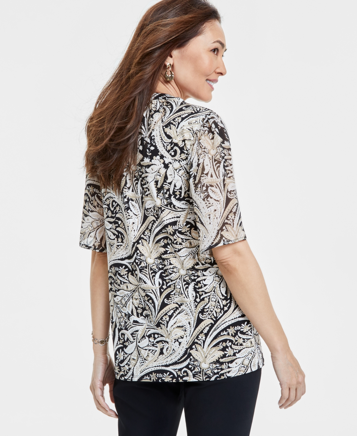 Shop Jm Collection Women's Printed Split-neck Blouse, Exclusively At Macy's In Deep Black