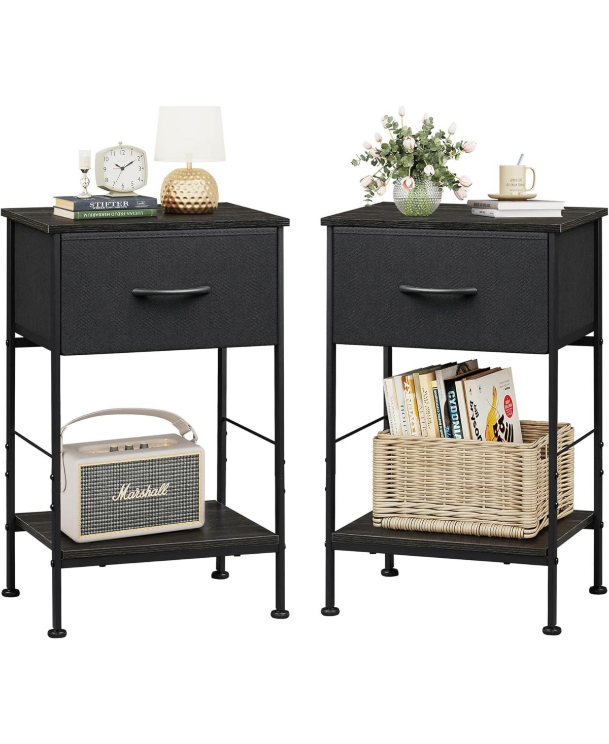 Wlive Nightstand Set of 2 End Table with Fabric Storage Drawer and Open Wood Shelf Bedside Furniture with Steel Frame Side Table for Bedroom Dorm - Da