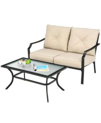 2 Pieces Patio Outdoor Cushioned Sofa Bench with Table