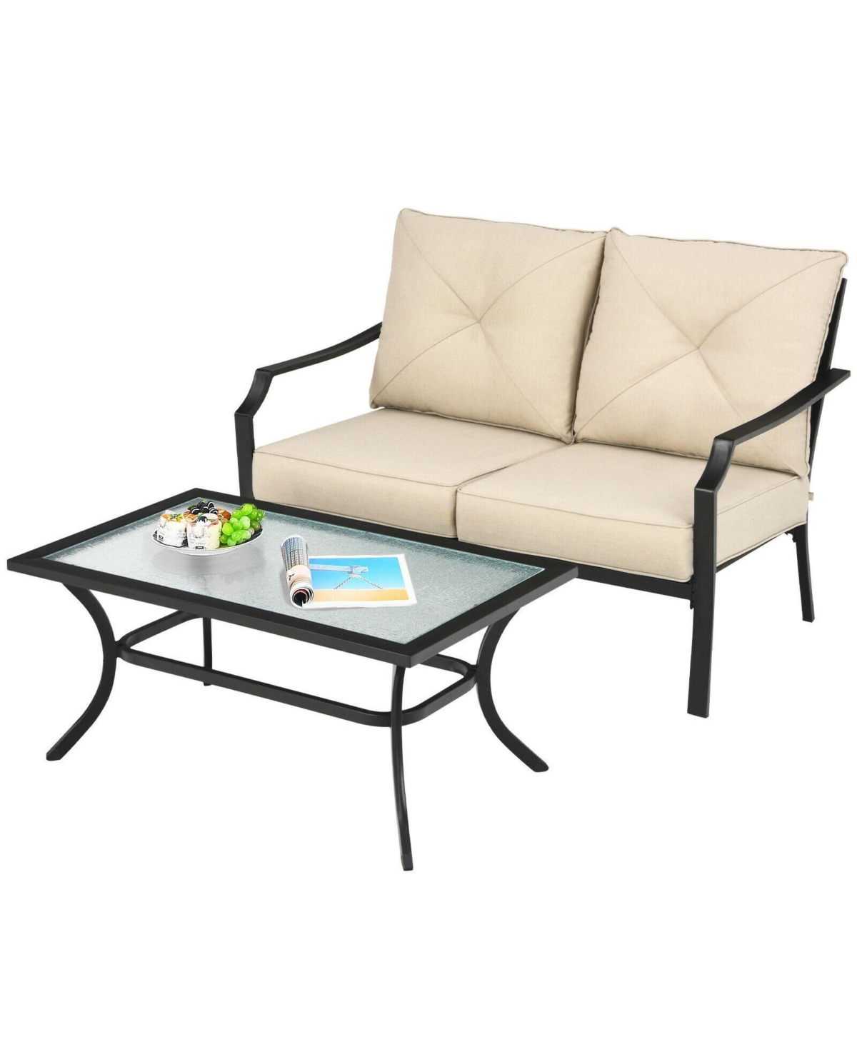 Gouun 2 Pieces Patio Outdoor Cushioned Sofa Bench with Table -khaki