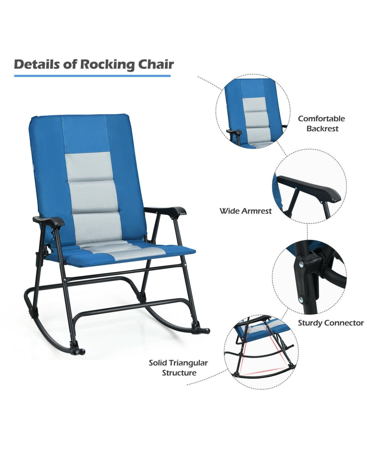 Gouun Foldable Rocking Padded Portable Camping Chair with Backrest and Armrest