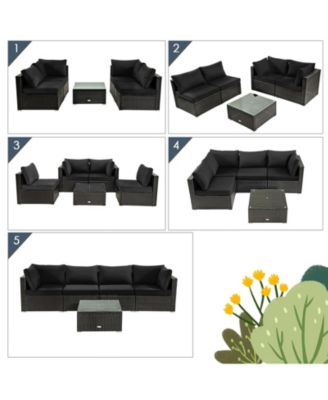 5 Pieces Cushioned Patio Rattan Furniture Set with Glass Table