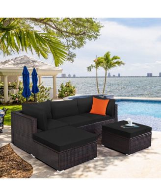 5 Pieces Patio Rattan Sofa Set with Cushion and Ottomans