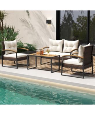 4 Pieces Patio Conversation Set with Acacia Wood Armrests and Tabletop and Cushions