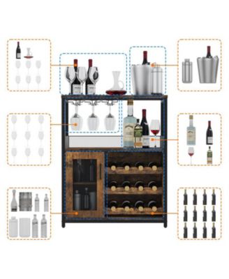3-Tier Wine Bar Cabinet with LED Lights, Detachable Wine Rack and Storage Space, Buffet Cabinet with Glass Holder and Mesh Door, for Kitchen, Living Room and Bar