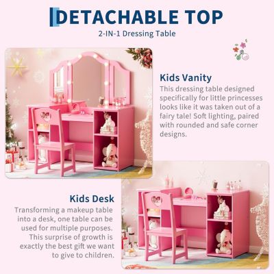 Kids Vanity Set, 2-in-1 Princess Makeup Table with Tri-Folding Mirror, Stool, Toddler Vanity, Pretend Play Vanity Set for Kids