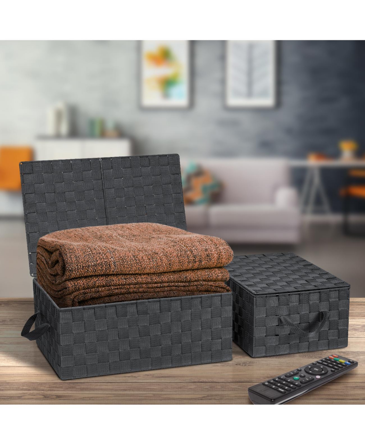 Sorbus 3 Pack Decorative Stackable Woven Basket with Lid and Built-in Rope Carry Handles - Great for Storage and Organization