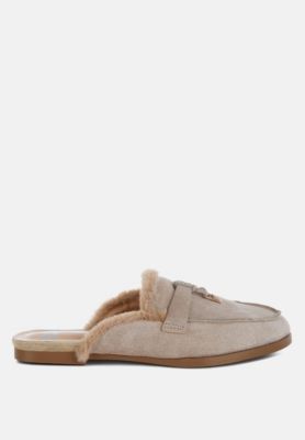 Rag and Co Womens Bosnia Suede and Faux Fur Slip On Mules