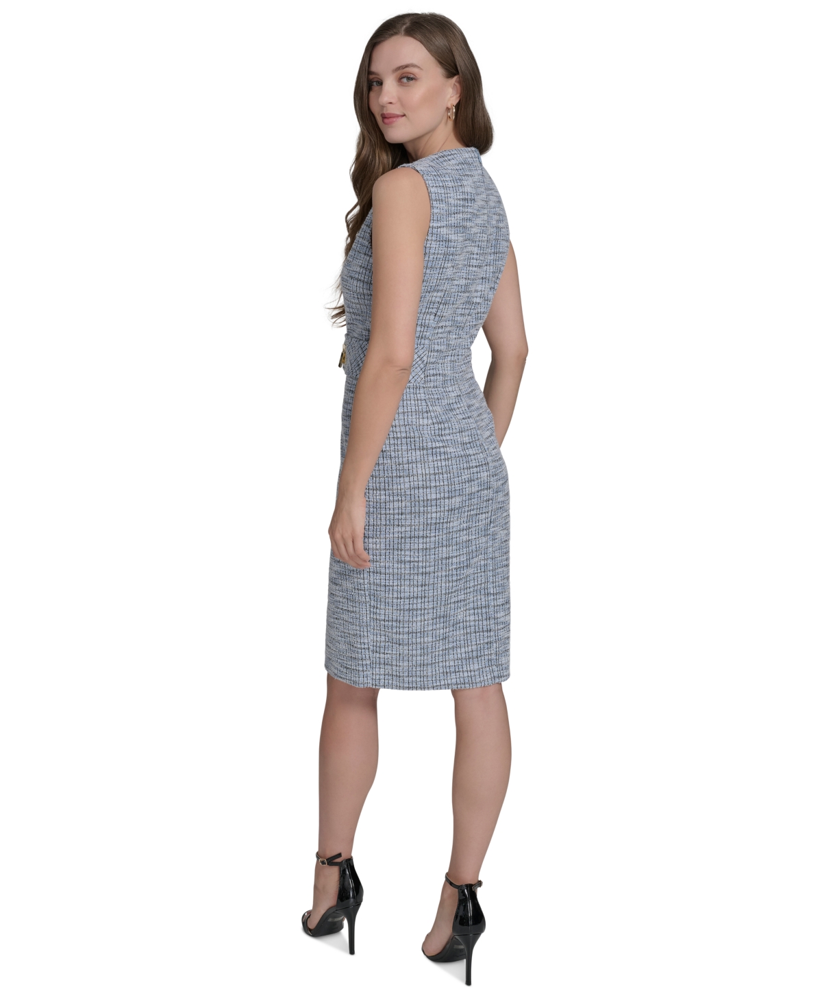 HALSTON WOMEN'S ROUND-NECK SLEEVELESS STRETCH TWEED SHEATH DRESS 