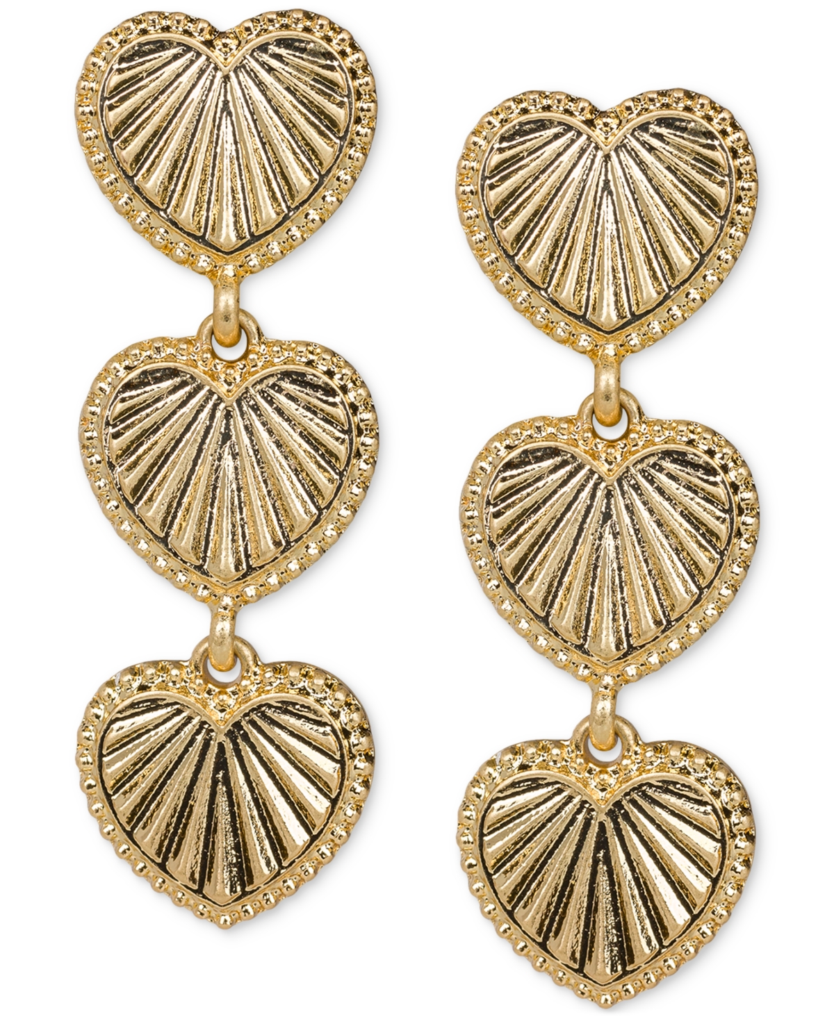 Gold-Tone Sunray Texture Triple Heart Drop Earrings - Worn Gold
