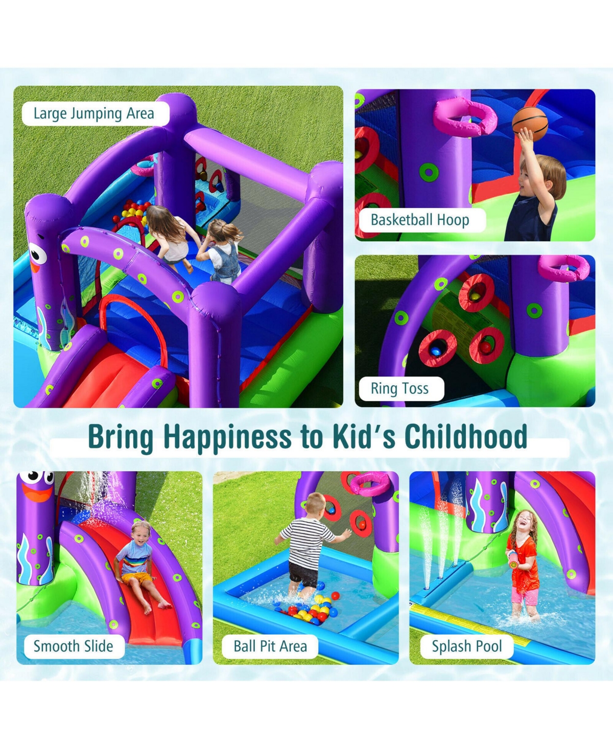 Gymax Inflatable Water Slide Castle Kids Bounce House w/ Octopus Style & 750W Blower - Purple+blue+green+red