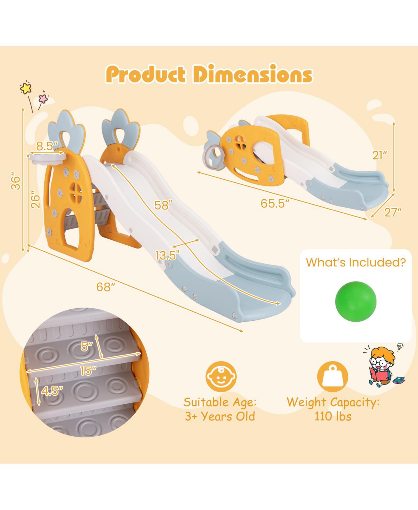 Детская игрушка GOUUN Foldable Slide with Basketball Hoop, 68"L x 27"W x 36"H, Pineapple Design, Ages 3+ — фото 3