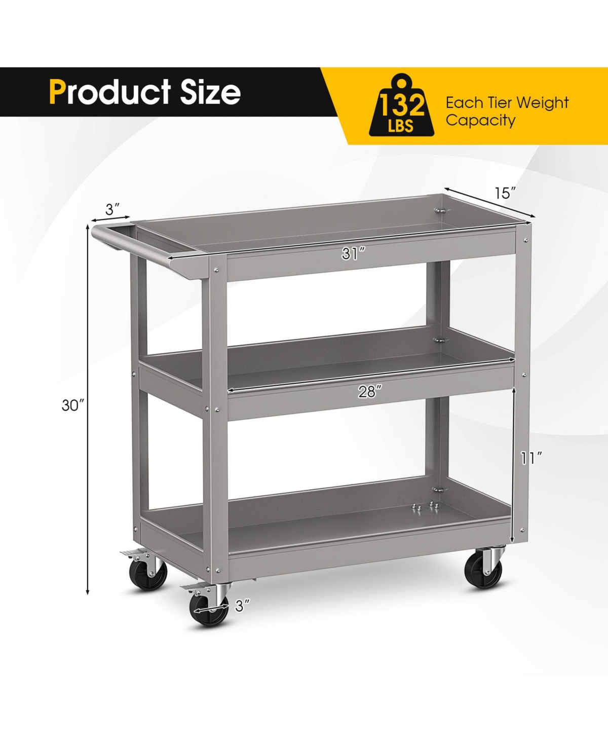 Gouun 3-Tier Metal Utility Cart Trolley Tool with Flat Handle and 2 Lockable Universal Wheels