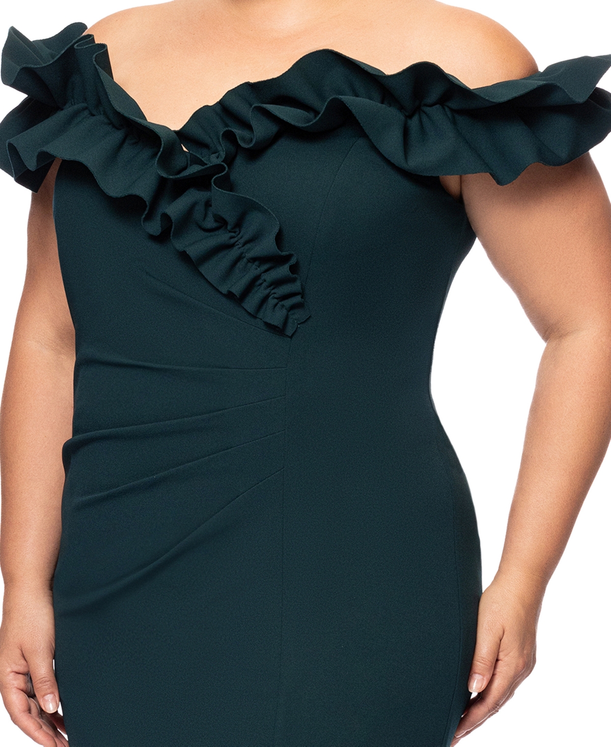 Xscape Plus Size Ruffled Off-the-shoulder Gown In Pine