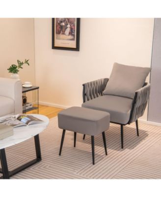 Modern Dutch Velvet Accent Chair and Ottoman Set with Weaved Back and Arms