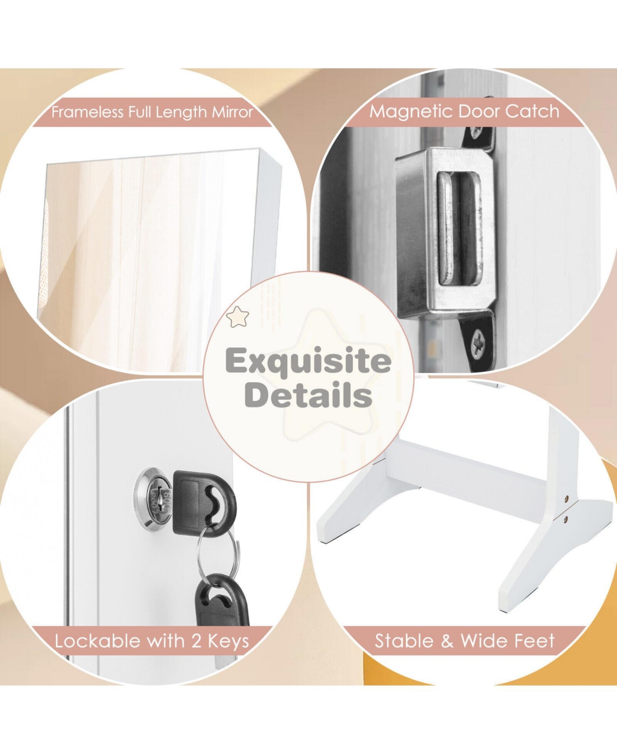 Gouun Freestanding Jewelry Cabinet with Full Length Hd Mirror