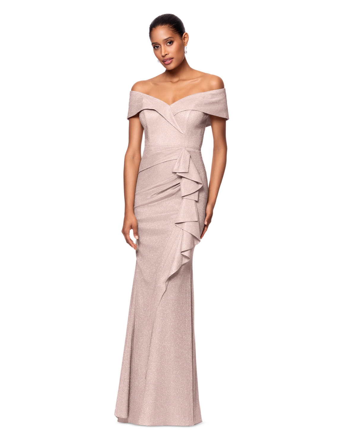 XSCAPE PETITE SWEETHEART-NECK OFF-THE-SHOULDER GOWN 