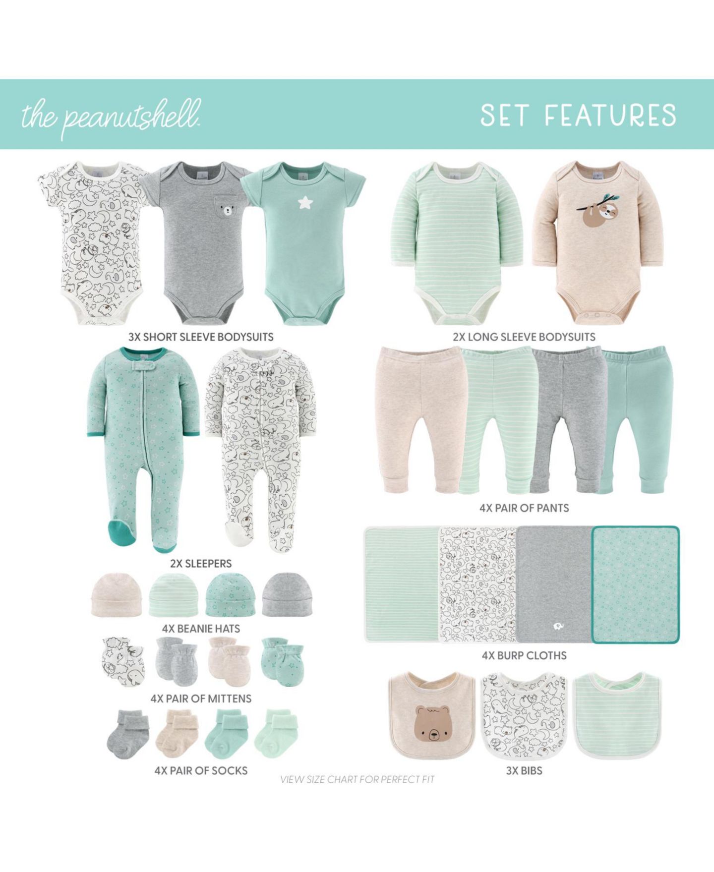 Комплекты The Peanutshell Restful Basics Newborn Layette Set Girls, 30-Pieces, Green/Grey для мальчиков-малышей, цвет: Зелёный / Серый — фото 4