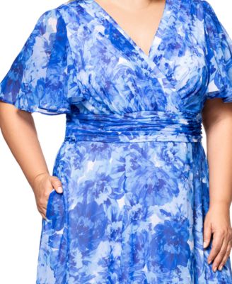 Plus Size V-Neck Printed-Metallic A-Line Gown
