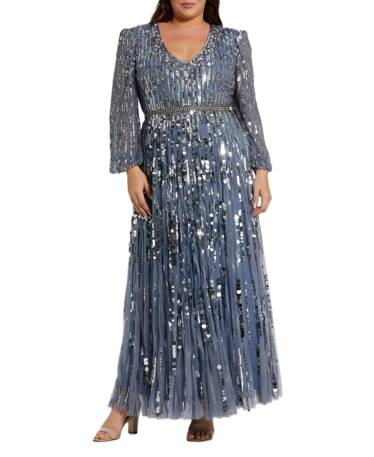 Mac Duggal Plus Size Long Sleeve Beaded Crystal Deep V Neckline Gown