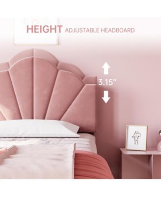 Twin Pink Bed Frame, Twin Velvet Upholstered Bed Frame with Height Adjustable Headboard, Girl Twin Bed Frame with Strong Wood Slat Support and Metal Frame, No Box Spring Needed/Noise-Free