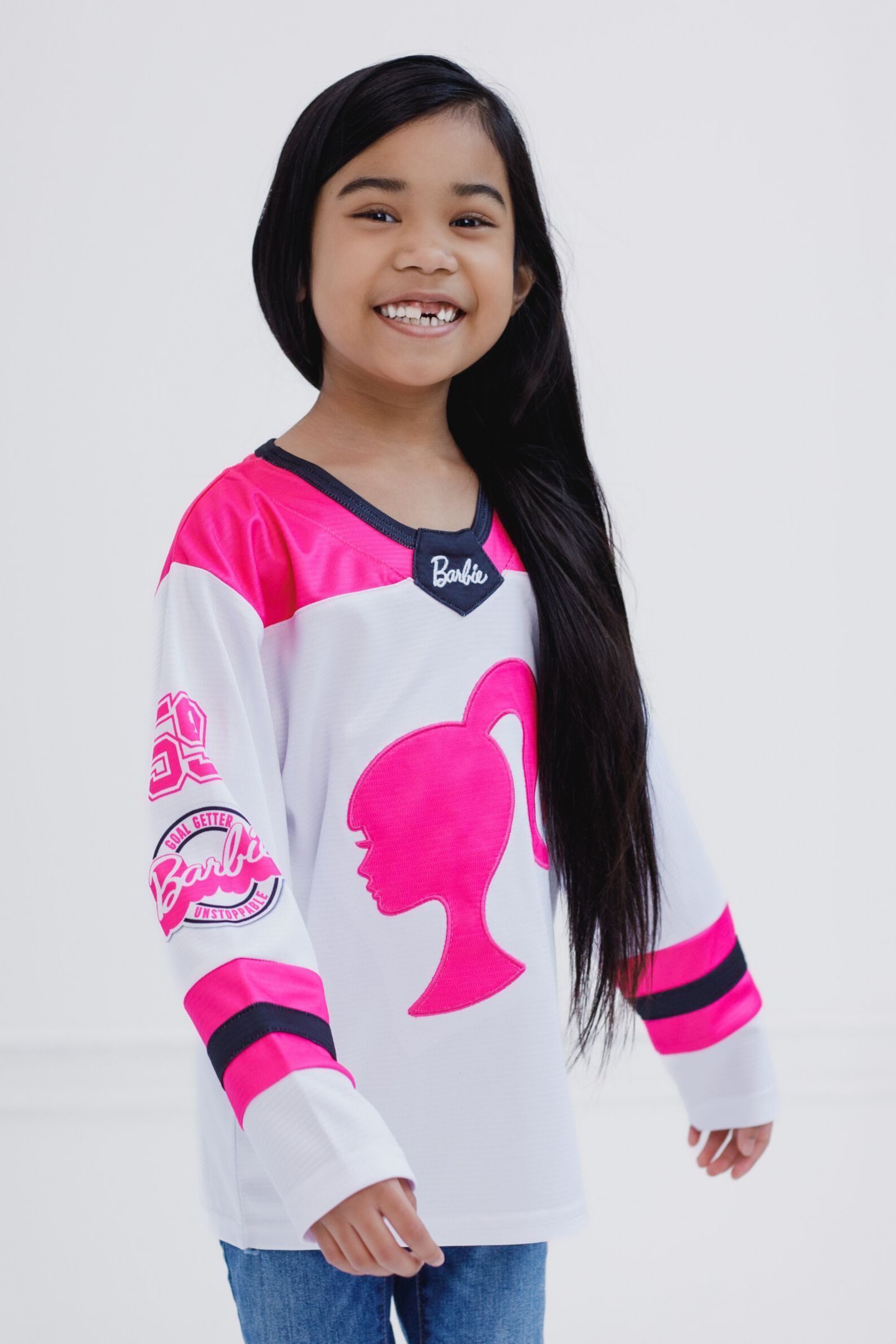 Футболка Barbie Mesh Hockey Jersey Long Sleeve T-Shirt для девочек, цвет: Розовый / Белый — фото 2