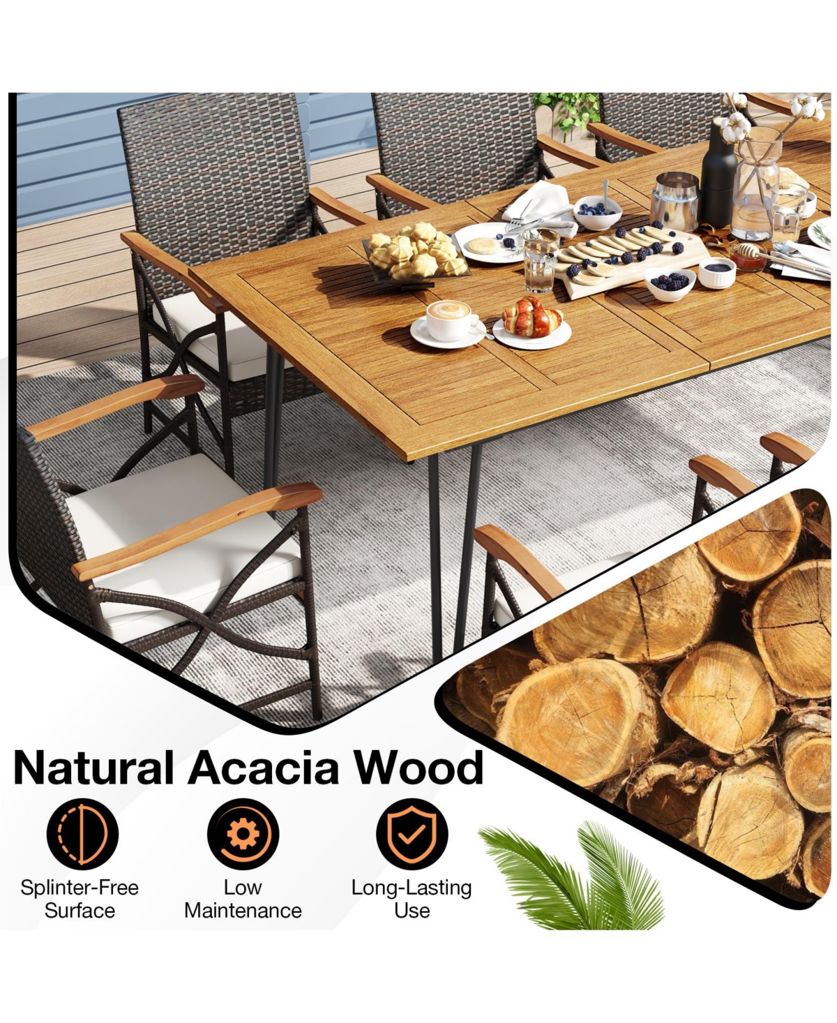Wicker Patio Furniture Set of 8 Armchairs with Soft Cushions and Acacia Wood Square Table