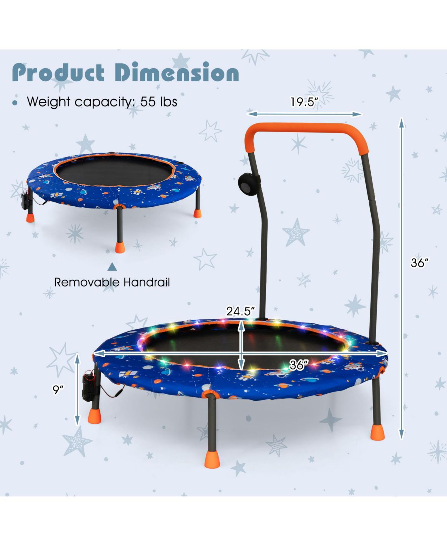 Детская игрушка GOUUN 36" Mini Trampoline with LED Lights, Bluetooth Speaker & Bungee Cord, Ages 3+, цвет: Синий — фото 5