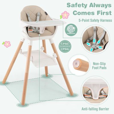 6 in 1 Convertible Highchair with Safety Harness and Removable Tray