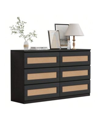 1Pc MDF 6-Drawer Rattan Anti-Tip Wide Storage Dresser Cabinet