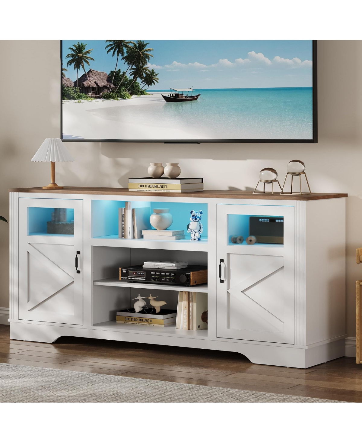 gaomon Farmhouse Tv Stand with Led Lights, Entertainment Center for 65/60/55 Inches Televisions, Tv Console with Storage Cabinets and Open Shelves, Tv