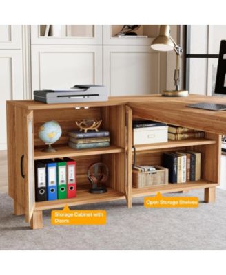 59-Inch L Shaped Computer Desk with Cabinet, Farmhouse Corner Desk with Storage Shelves, L Shaped Executive Desk, Long Writing Desk for Home Office, Gaming