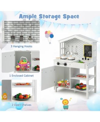 Kids Wooden Kitchen Play Set with Storage Shelves and Accessories