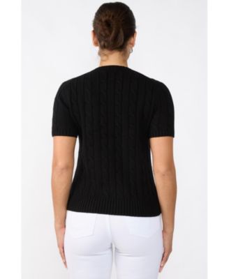 Women's 70% Wool 30% Cashmere Chuncky Cable-knit Crewneck Short Sleeve Sweater