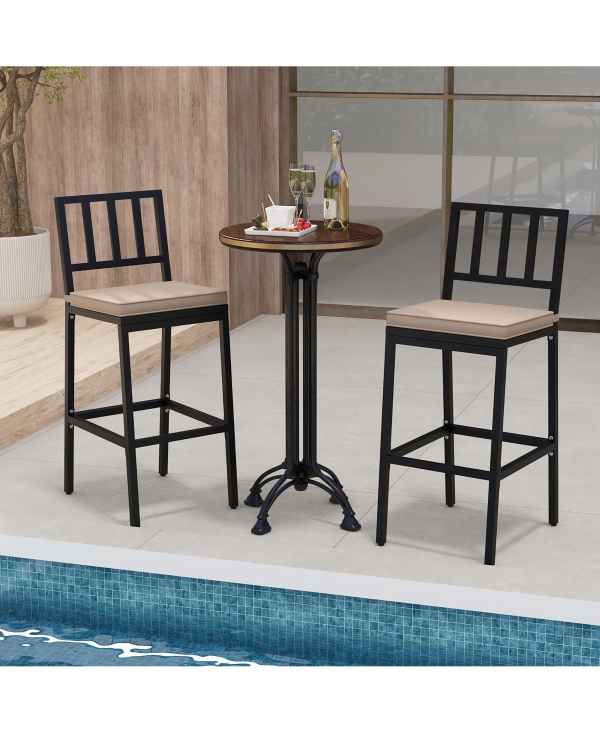Gymax Patio Bar Chair Set of 2 Heavy Duty Metal All Weather Bar Stools w/ Backrest - Black + beige