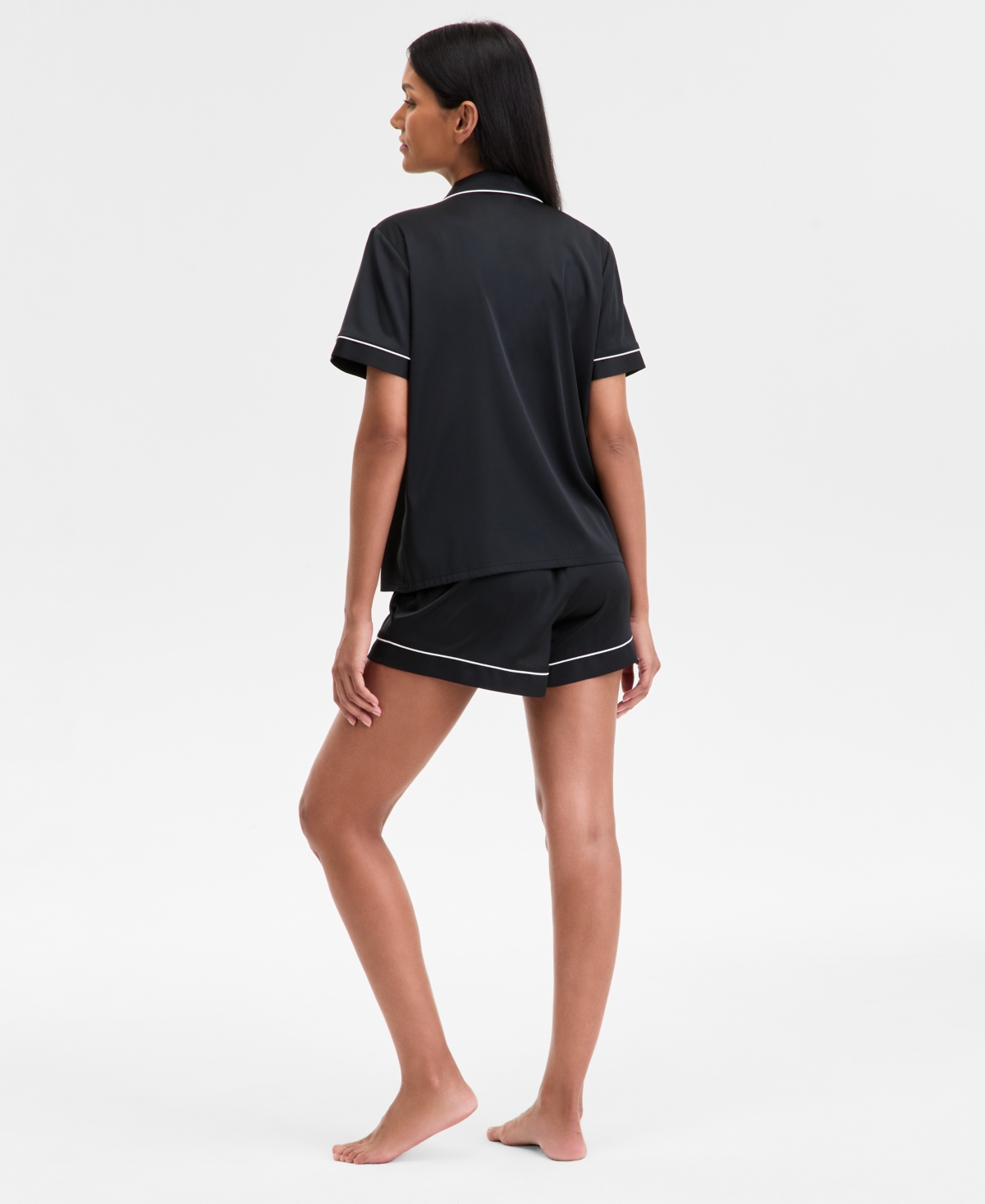 Inc International Concepts I.n.c International Concepts Women's Stretch Satin Short-sleeve Pajama Set, Exclusively At Macy's In Deep Black